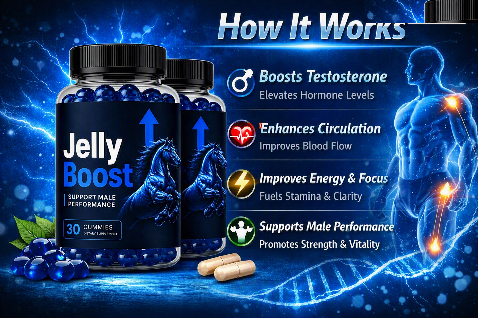 Diagram showing how JellyBoost supports testosterone, circulation, energy, and male performance
